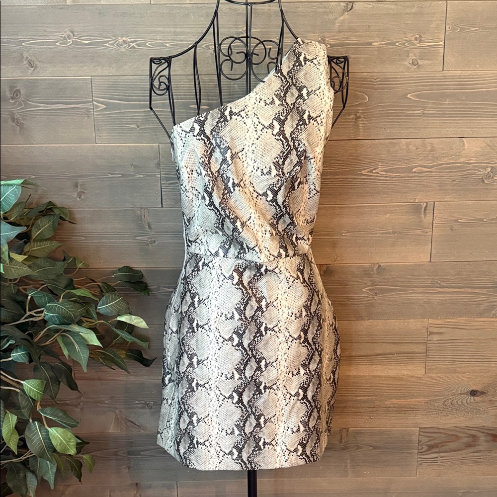 Showpo TYANNE MINI DRESS - FAUX LEATHER SNAKE PRINT ONE SHOULDER DRESS